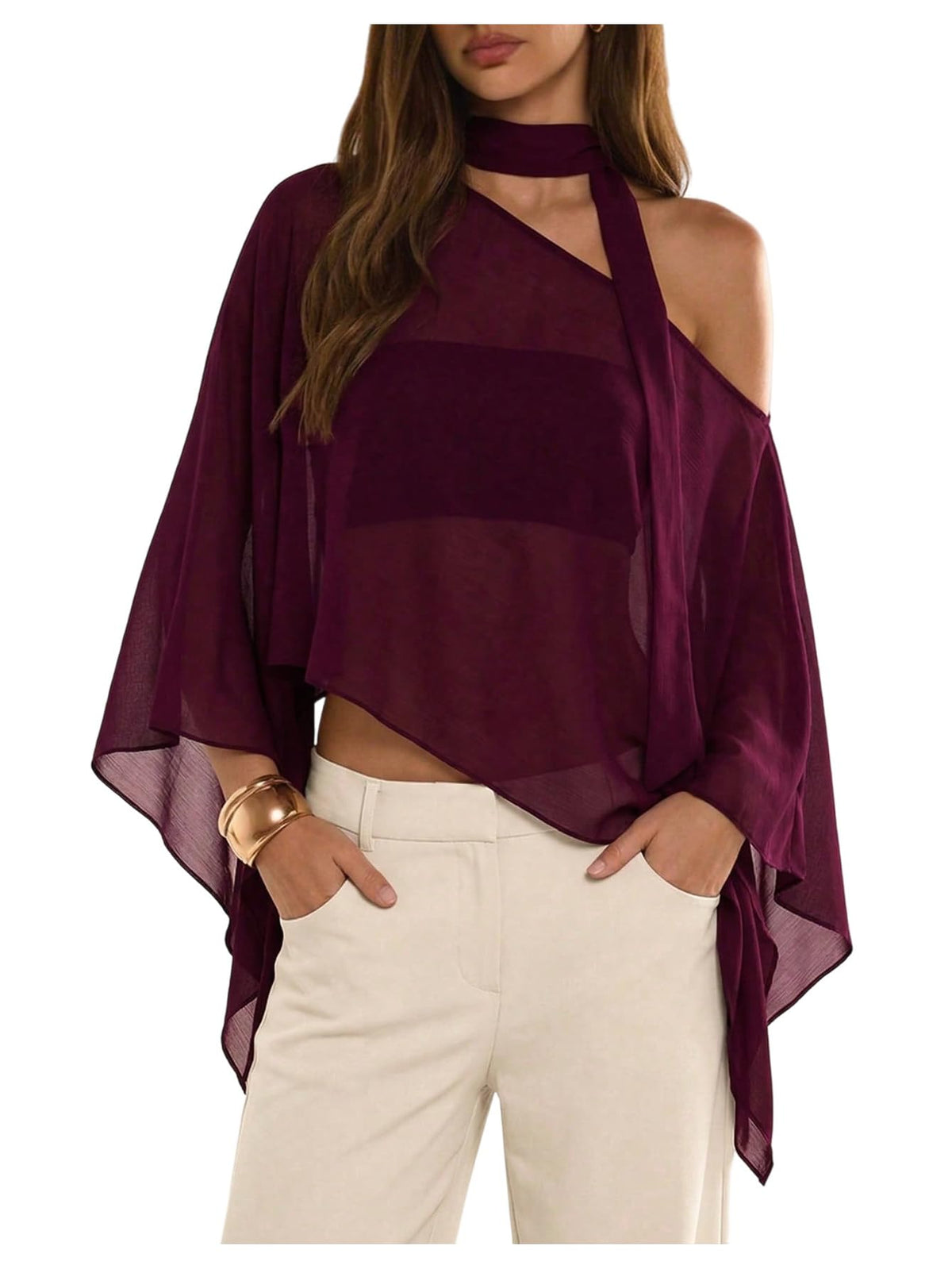 WDIRARA Women's Poncho Top Off The Shoulder Tops Y2k Flowy with Scarf
