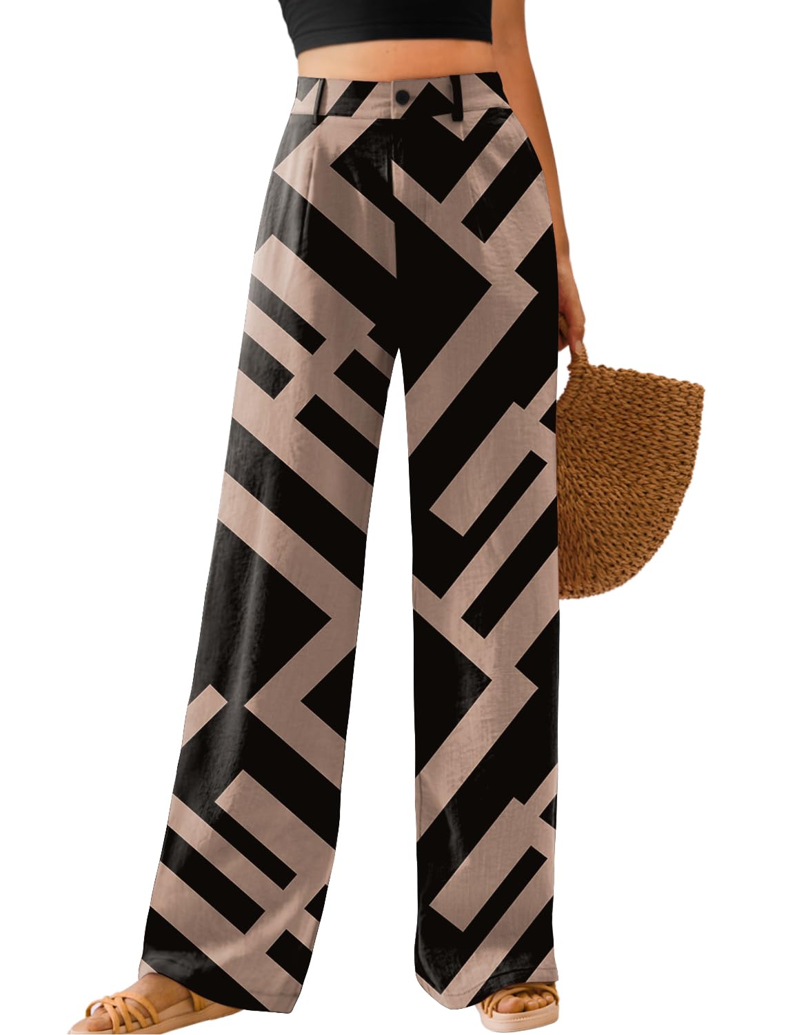 Feiersi Womens Casual Wide Leg Pants High Waisted Button Down Straight Long Trousers Palazzo Pants