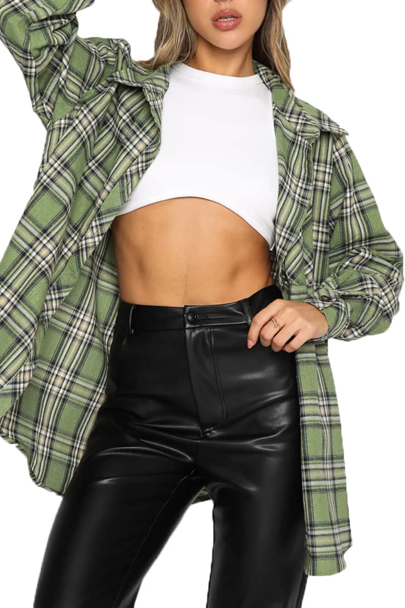 CHYRII Womens Button Down Flannel Shirts Long Sleeve Plaid Shackets Business Casual Blouse Top