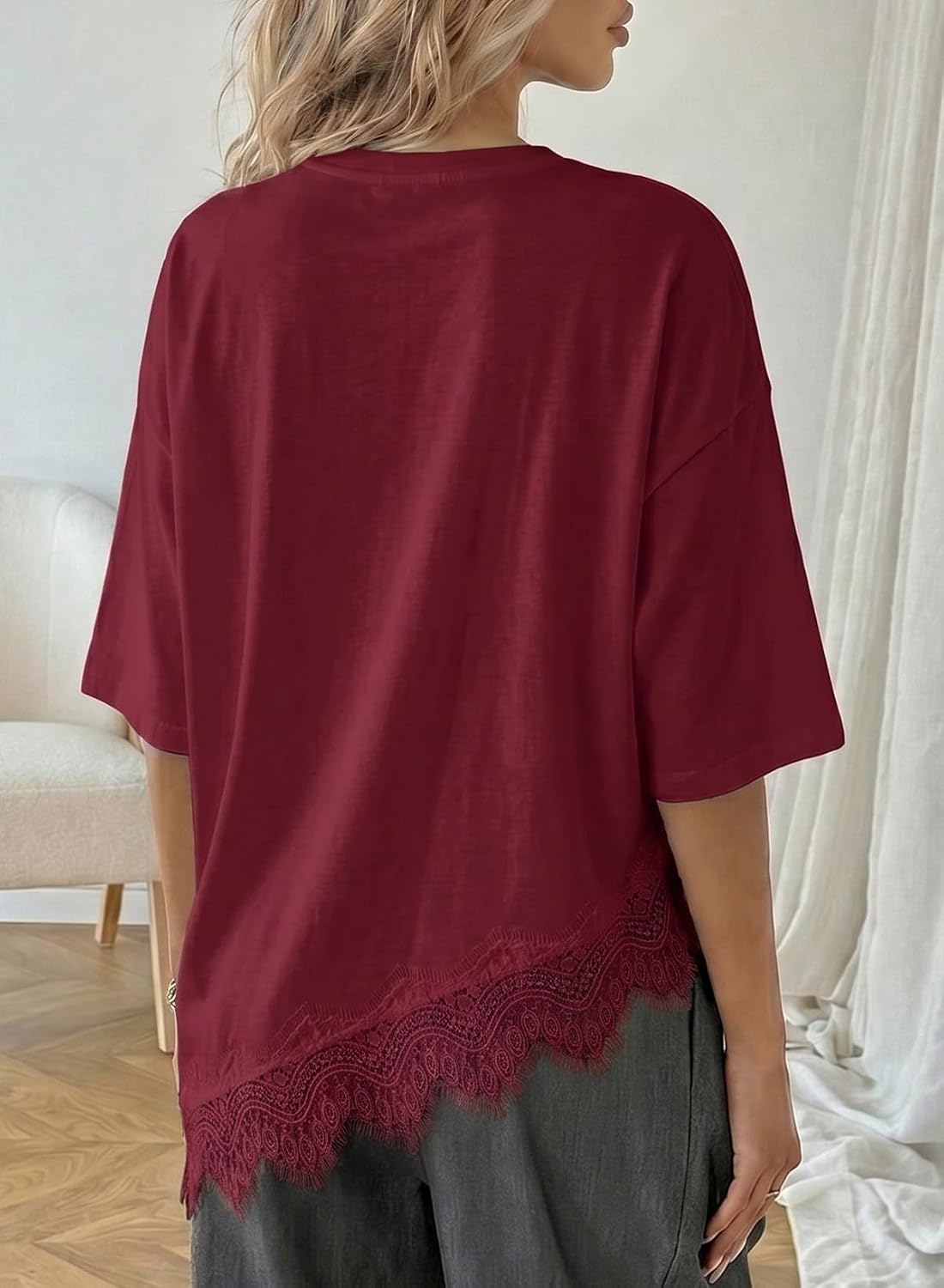 LOLONG Women Casual Crew Neck Half Sleeve Shirts Asymmetrical Lace Hem Tops