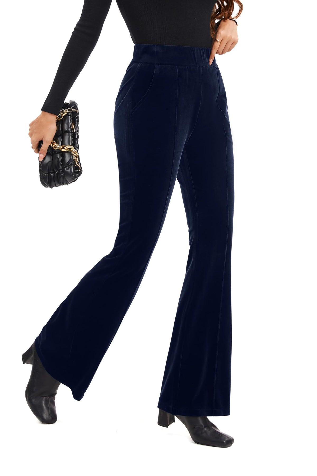 FUNYYZO Velvet Pants Women Flare Pull On Elastic Waist Holiday Outfits