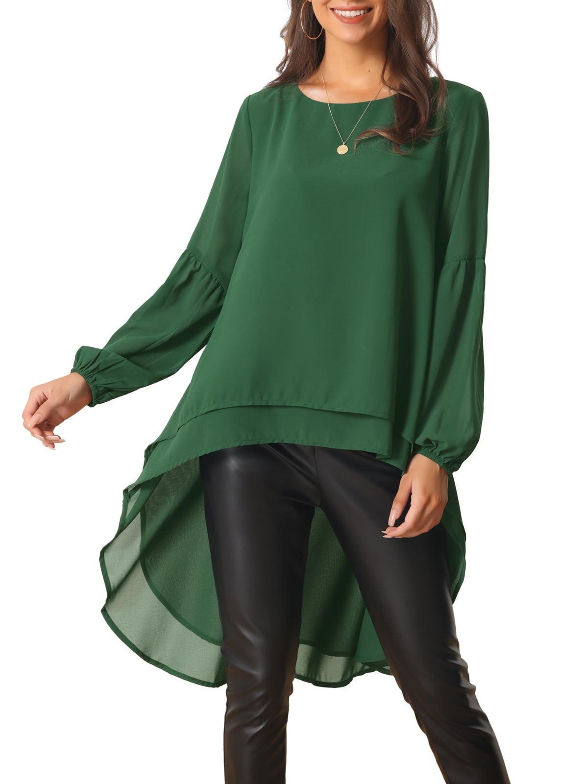 Seta T Women's High Low Tops Lantern Sleeve Dressy Casual Chiffon Blouse