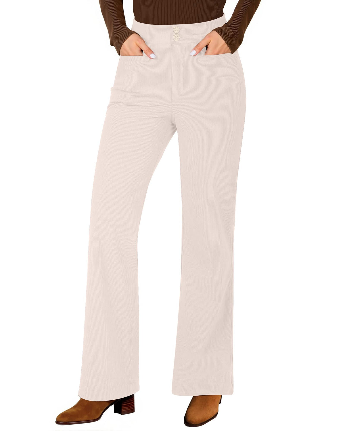 GRAPENT Corduroy Wide Leg Pants Woman High Waisted Trendy Fall Work Casual Elastic Waist Duo Button Welt Pocket Trousers