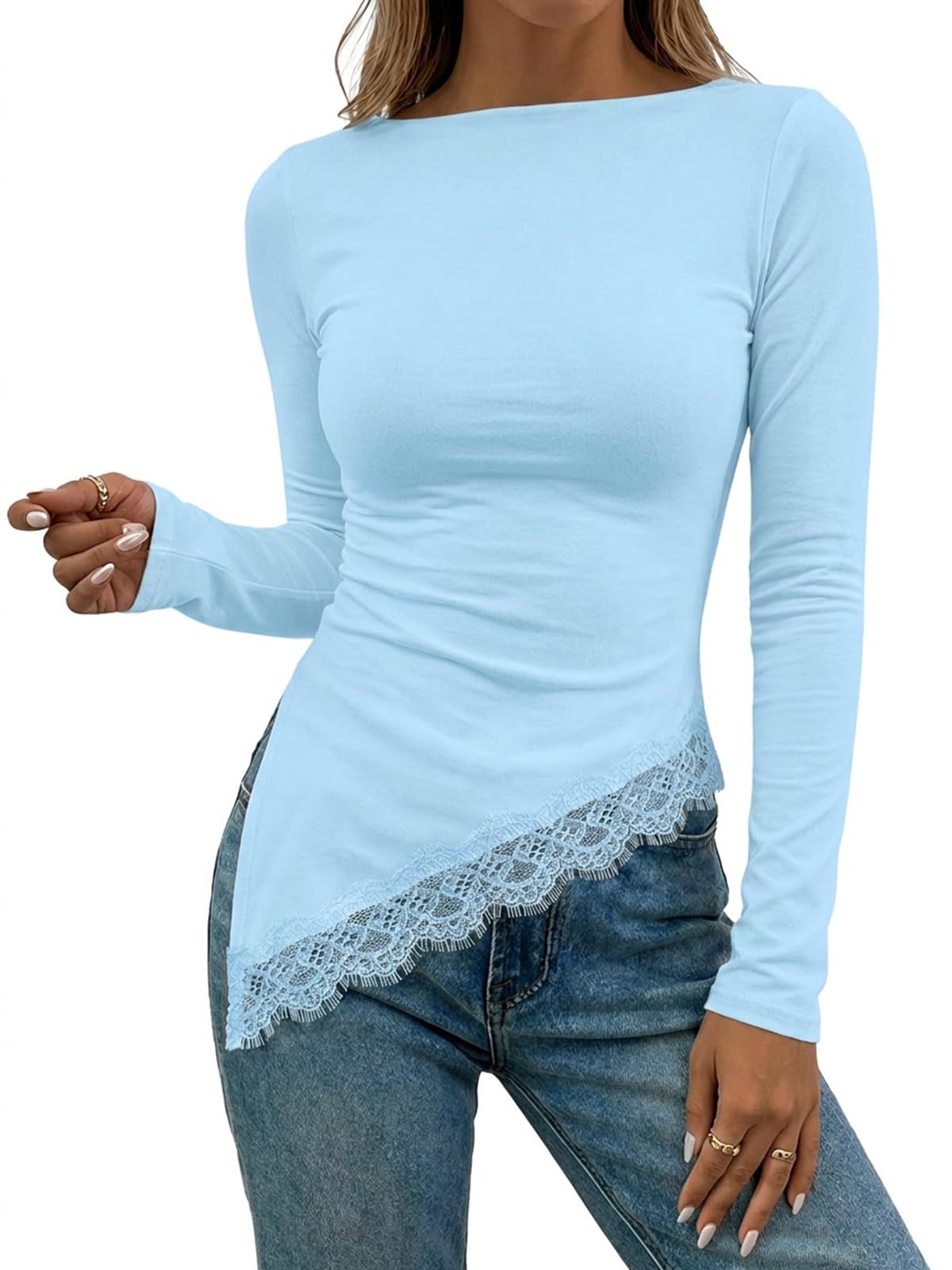 Flowyair Womens Boat Neck Long Sleeve Lace Tops Slim Fit Shirts