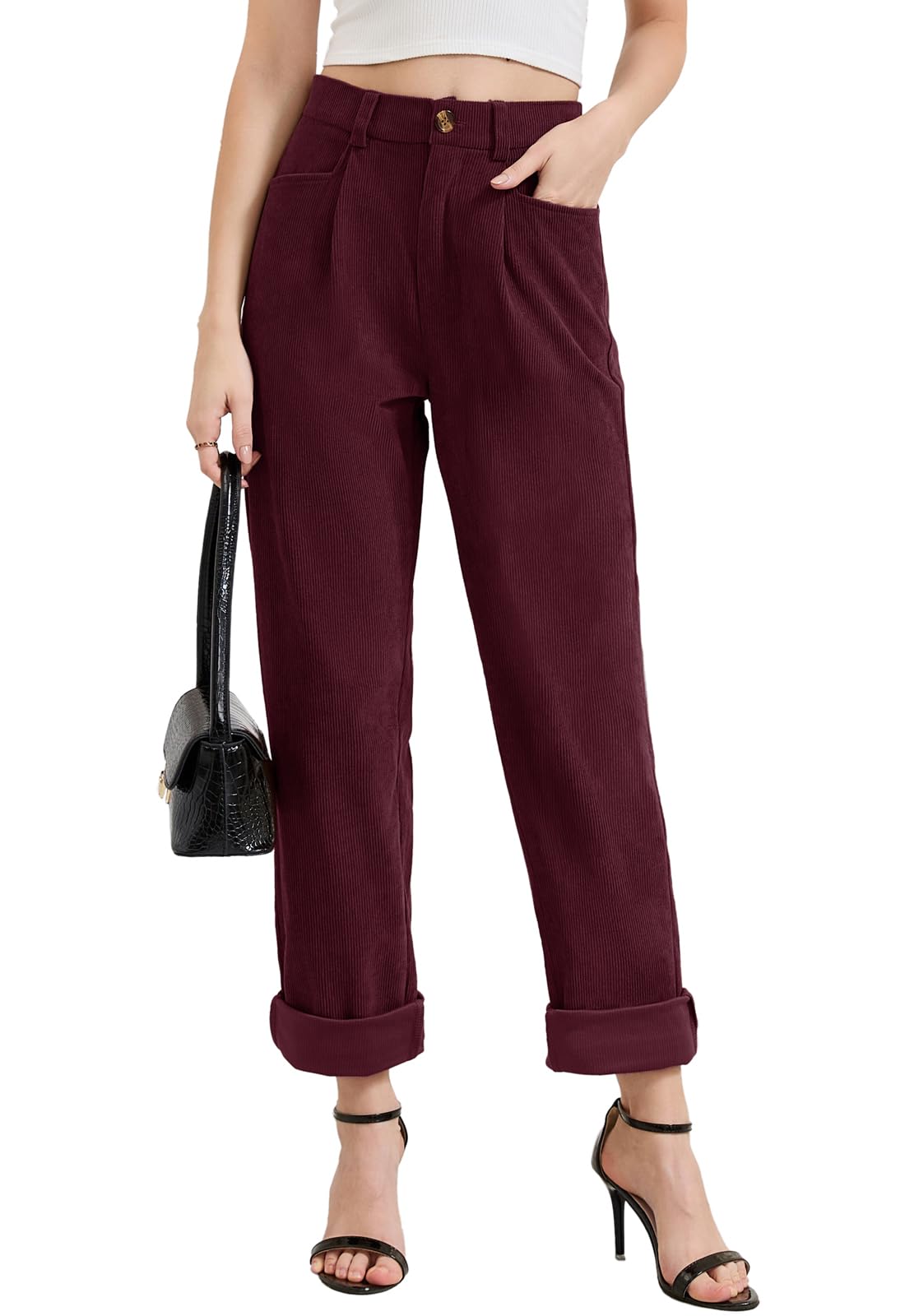 Rasutina Women Corduroy Pants Casual Fall Pants High Waisted Straight Leg Pants for Women Stretchy Work Trousers with Pockets