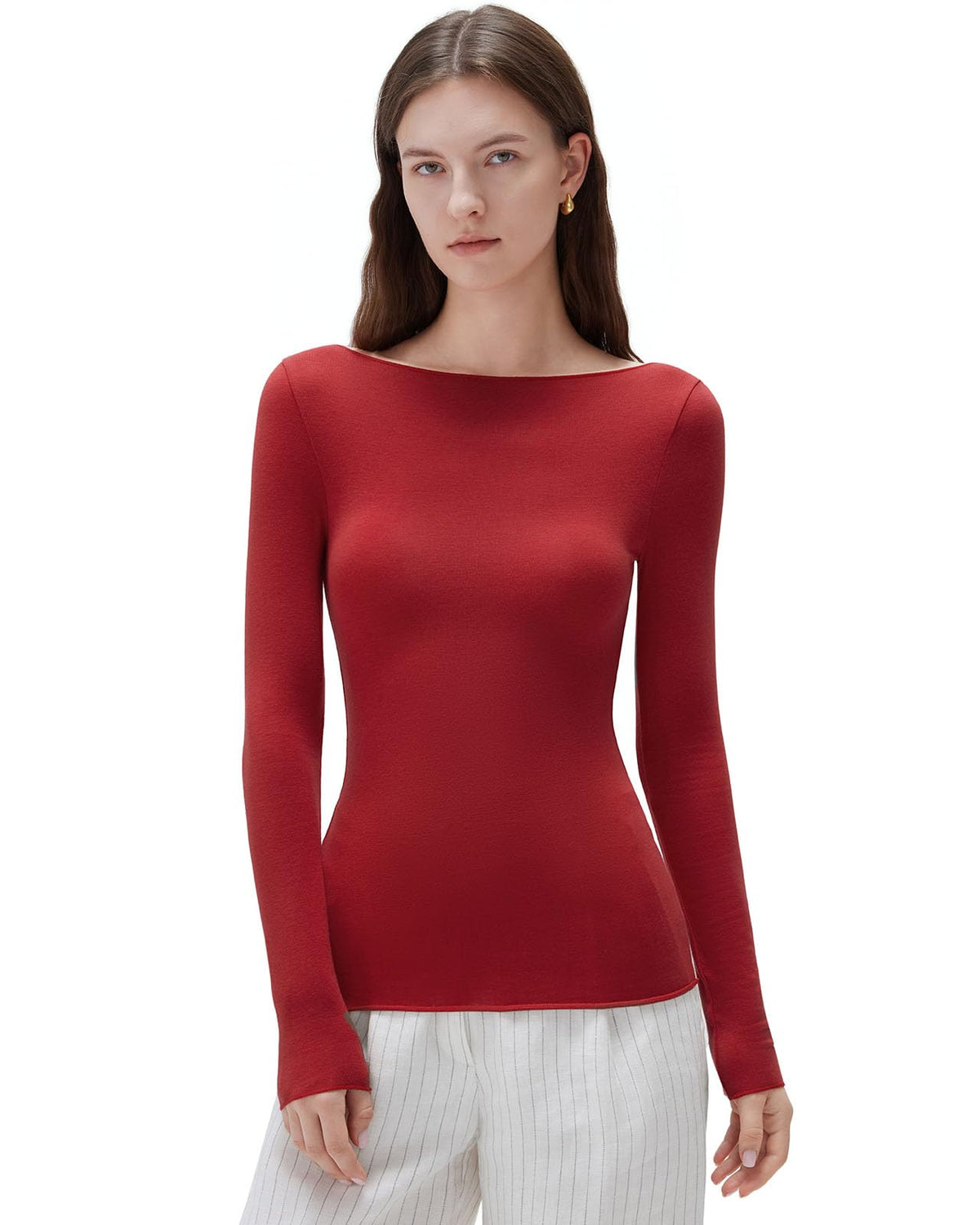 SUUKSESS Cloud Cashmere Women Boat Neck Fitted Long Sleeve Shirt Basic Knit Tops