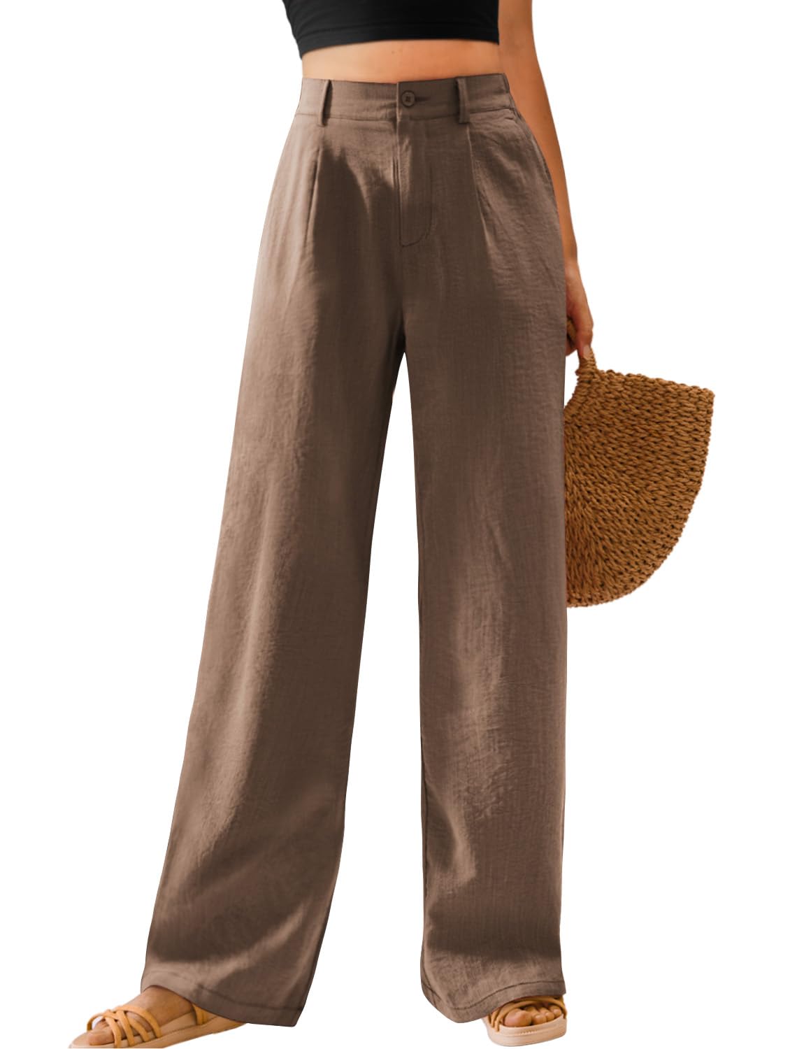 Feiersi Womens Casual Wide Leg Pants High Waisted Button Down Straight Long Trousers Palazzo Pants