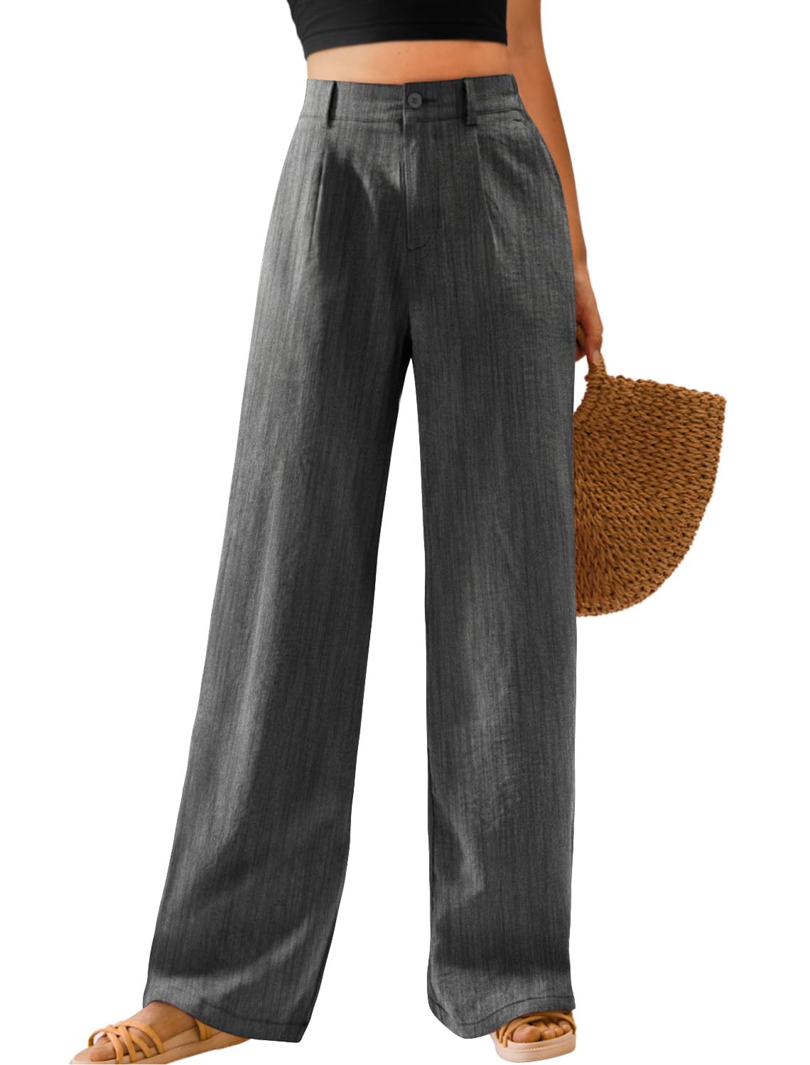 Feiersi Womens Casual Wide Leg Pants High Waisted Button Down Straight Long Trousers Palazzo Pants