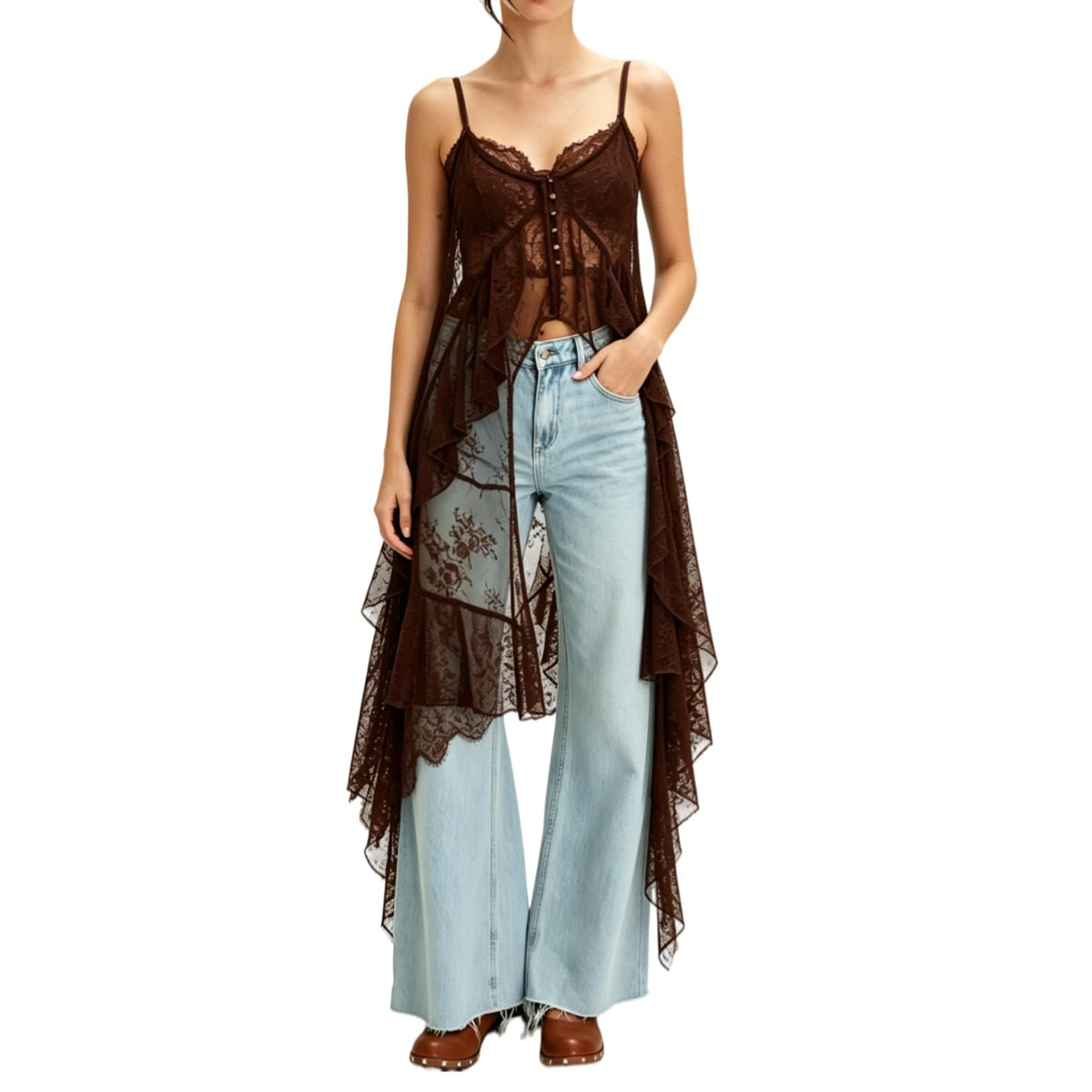 Women Sheer Floral Lace Cami Tops Spaghetti Strap Ruffle Flowy Long Tank Tops Sexy Split Front Going Out Top