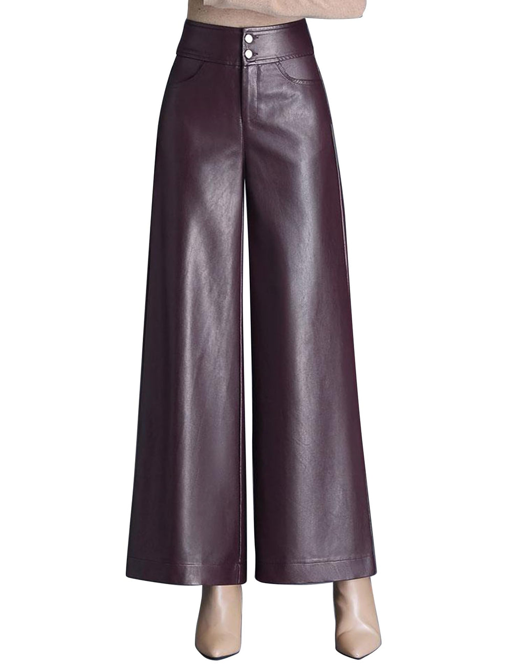 HaoMay Women's High Waist Wide Leg PU Faux Leather Cropped Pants Culottes