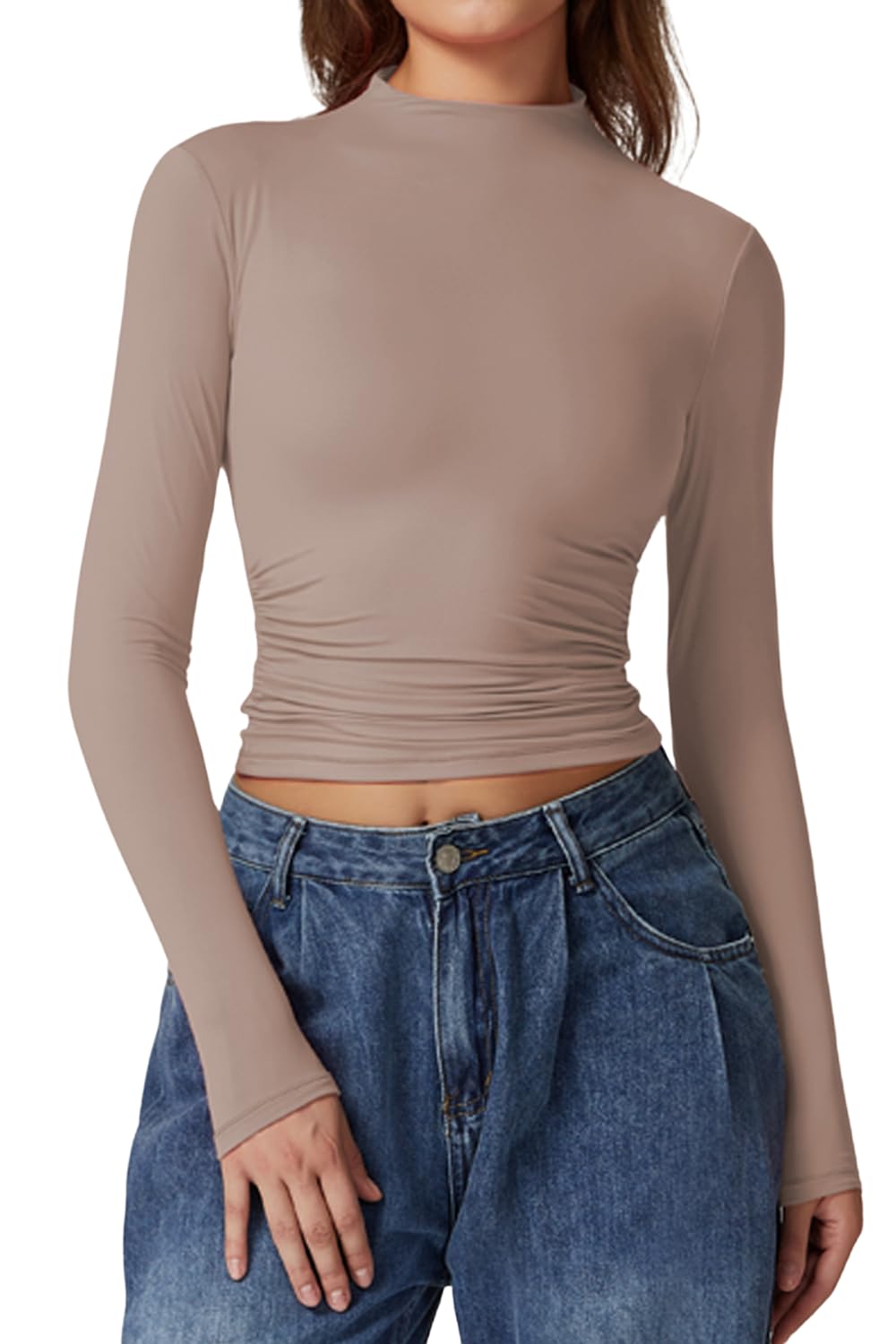QINSEN Womens Mock Neck Long Sleeve Shirt Double Lined Basic Tees Side Ruched Going Out Crop Tops