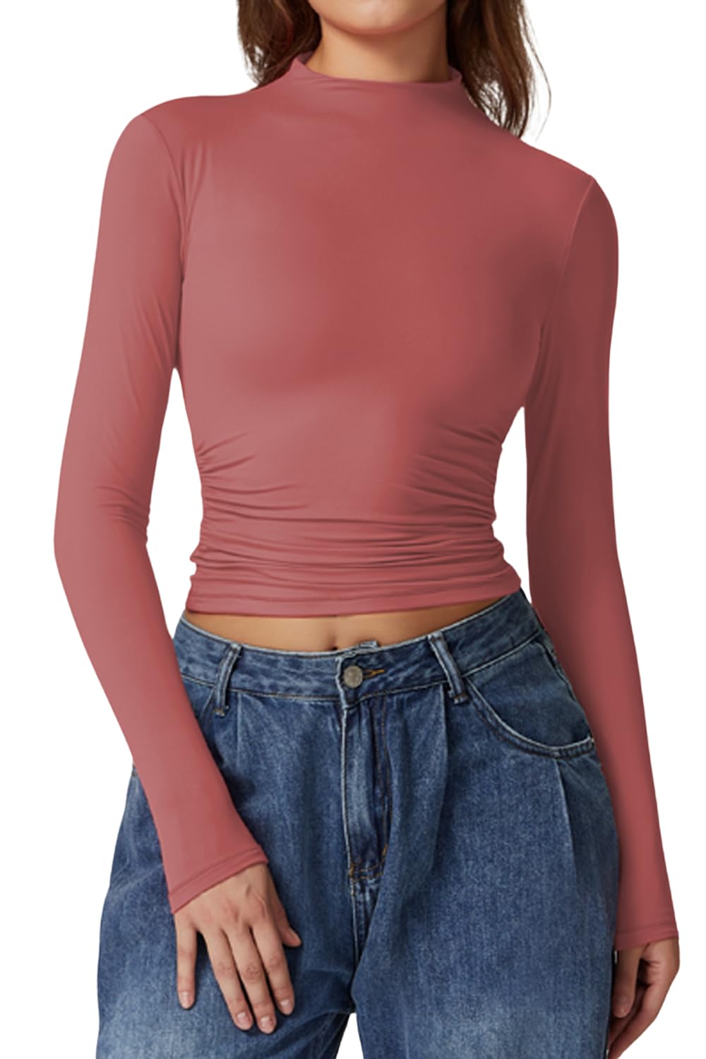 QINSEN Womens Mock Neck Long Sleeve Shirt Double Lined Basic Tees Side Ruched Going Out Crop Tops