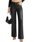 Womens Faux Leather Pants Button Straight Leg PU Jeans with Pockets