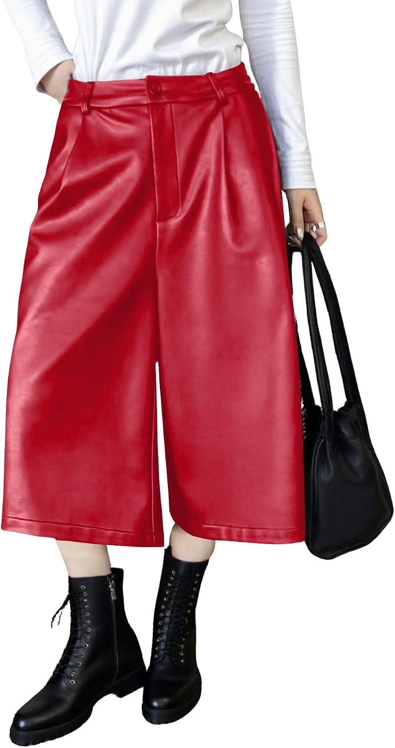 chouyatou Women's Pu Faux Leather Wide Leg Cropped Pants High Elastic Waist Baggy Barrel Capri Palazzo Pants