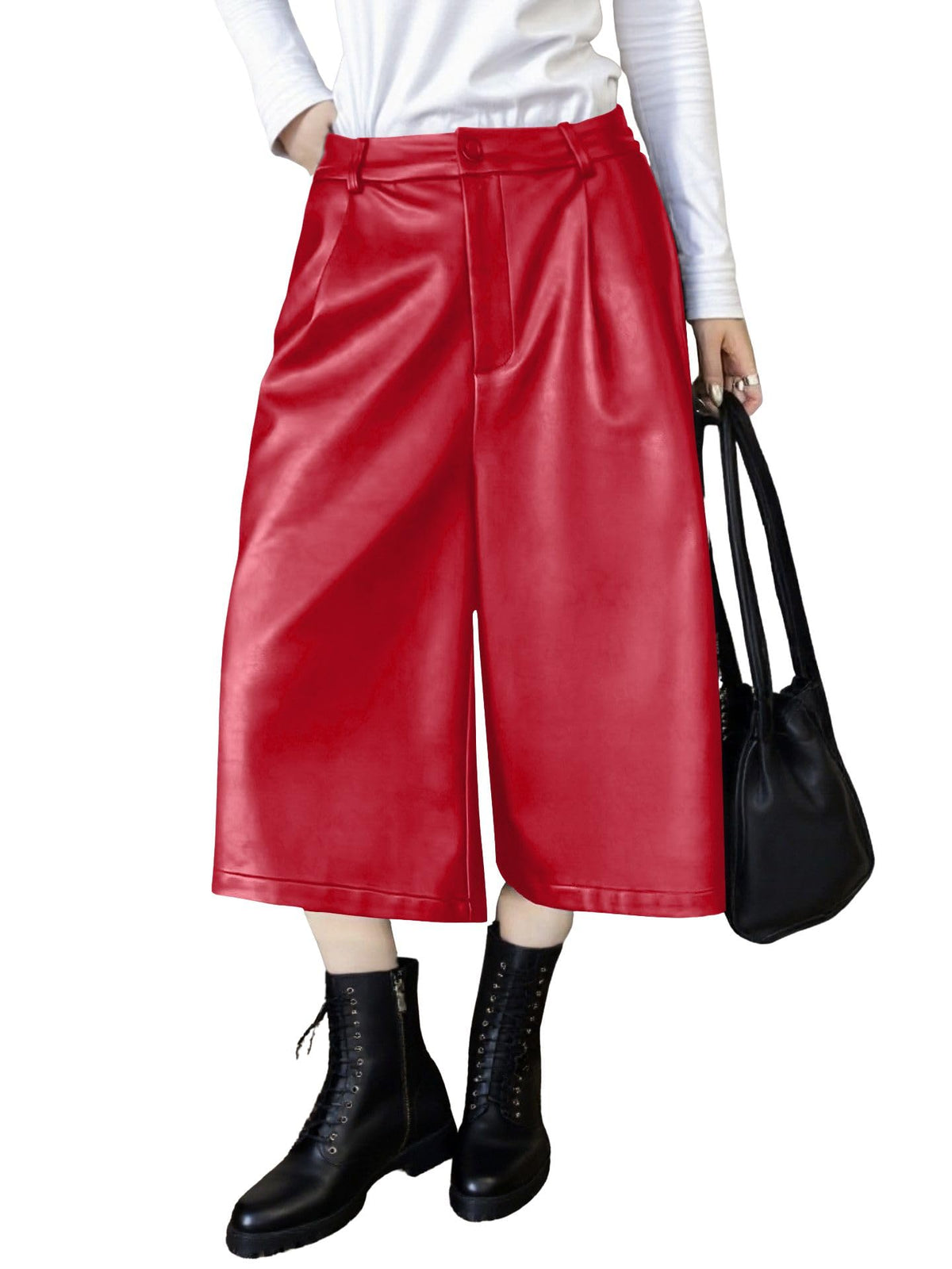 chouyatou Women's Pu Faux Leather Wide Leg Cropped Pants High Elastic Waist Baggy Barrel Capri Palazzo Pants