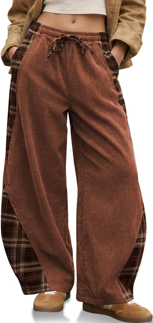 TARSE Womens Corduroy Barrel Pants with Pockets Y2K Plaid Patchwork Panels