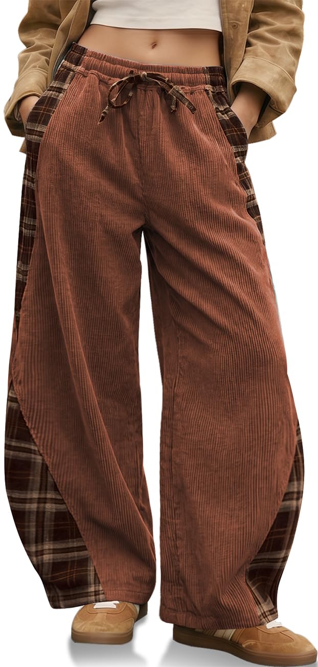 TARSE Womens Corduroy Barrel Pants with Pockets Y2K Plaid Patchwork Panels
