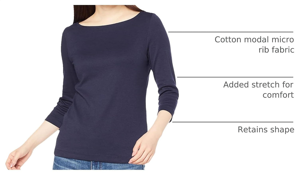 Amazon Essentials Women's Slim-Fit 3/4 Sleeve Boat Neck Tops Cotton Modal T-Shirt