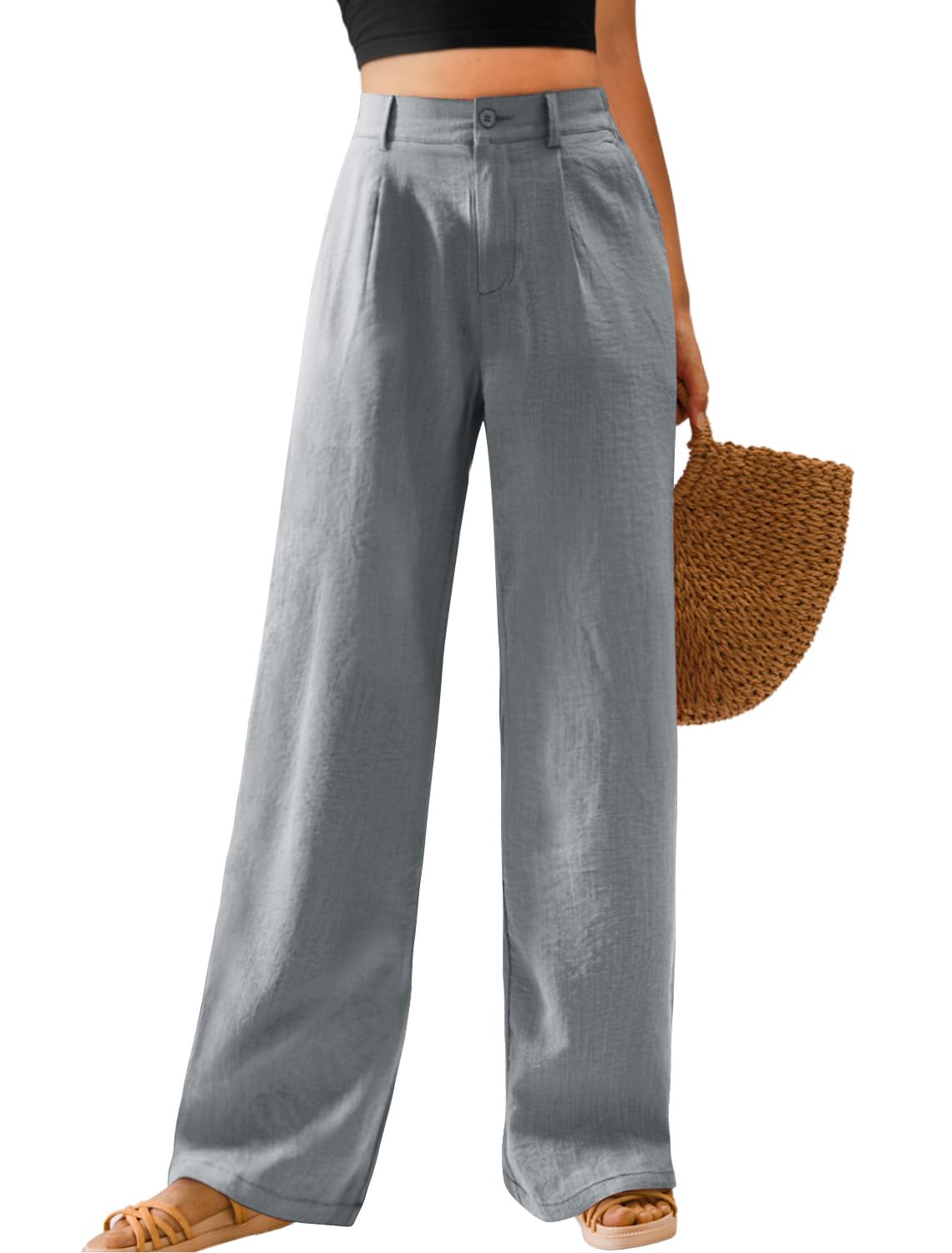Feiersi Womens Casual Wide Leg Pants High Waisted Button Down Straight Long Trousers Palazzo Pants