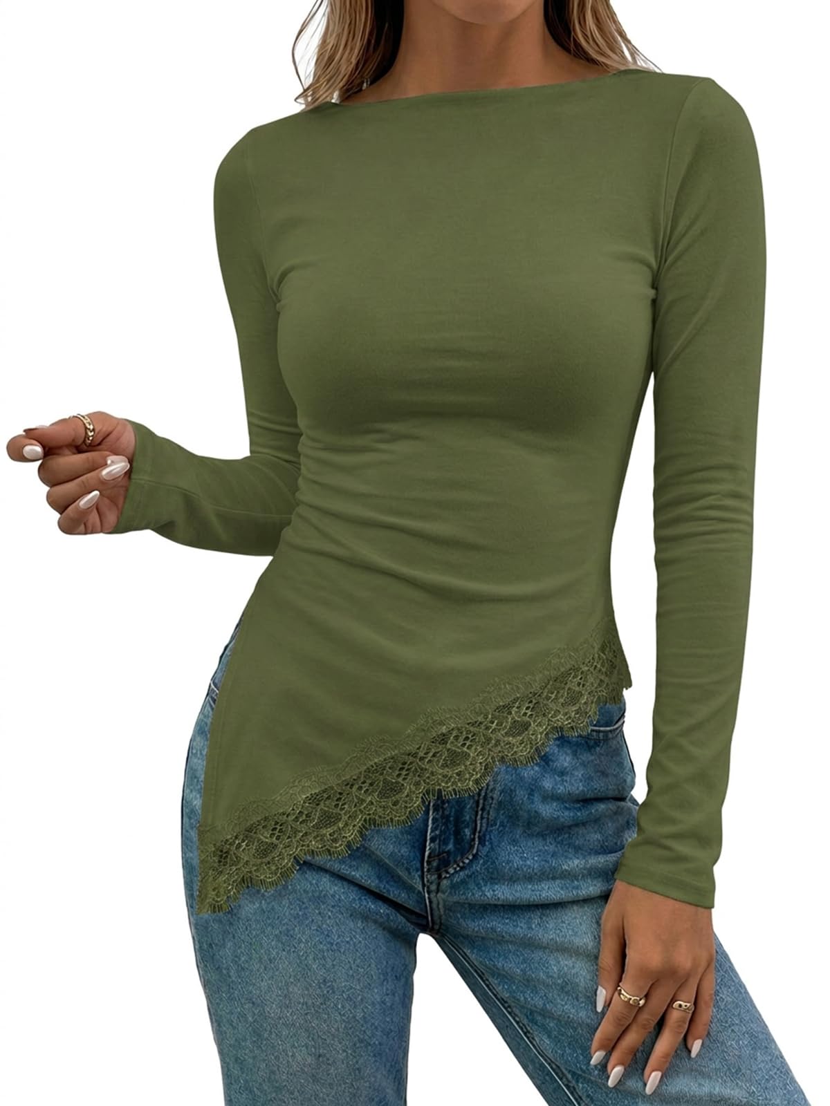 Flowyair Womens Boat Neck Long Sleeve Lace Tops Slim Fit Shirts