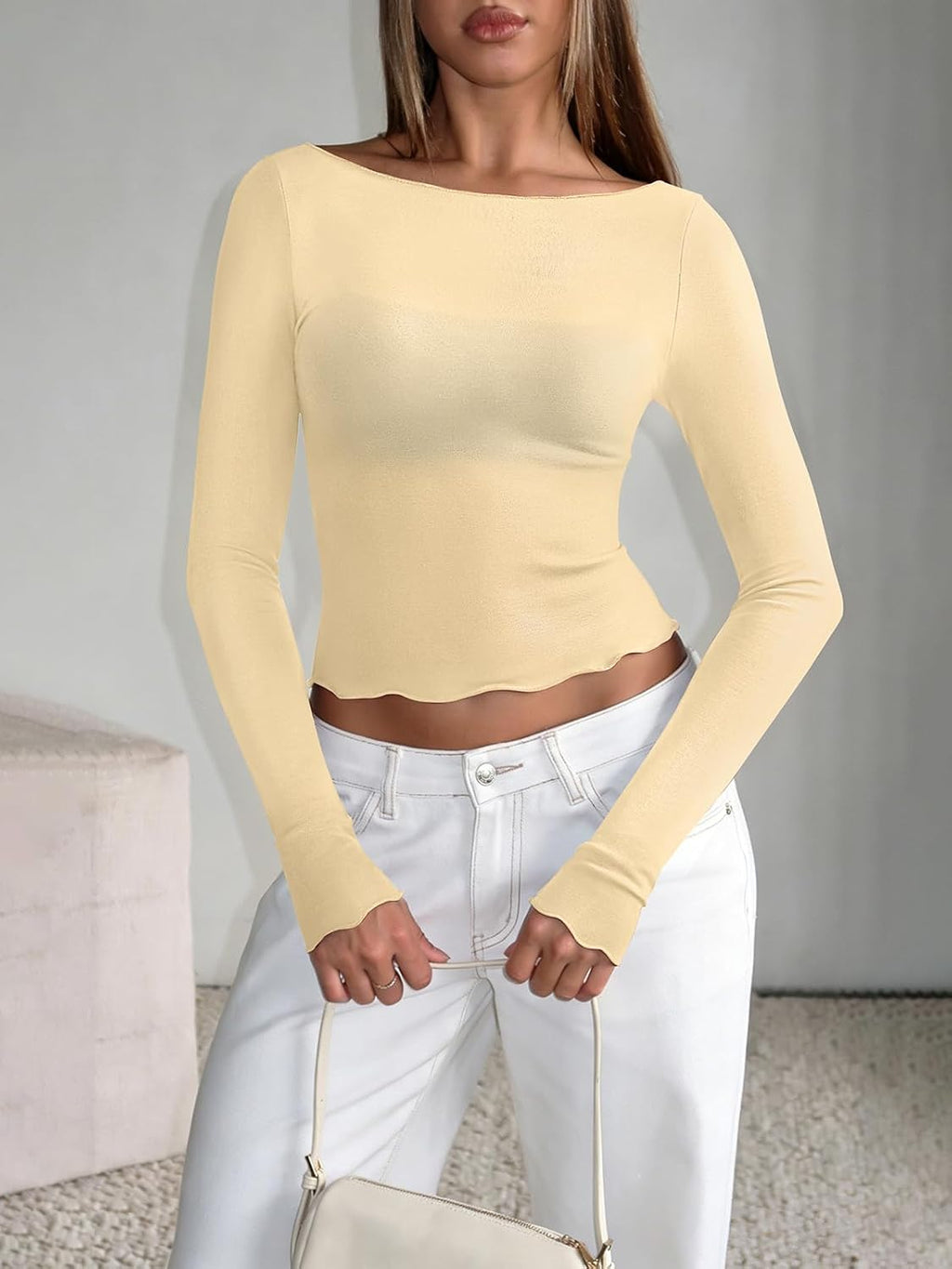 LASLULU Womens Long Sleeve Workout Tops Semi Sheer Square Neck