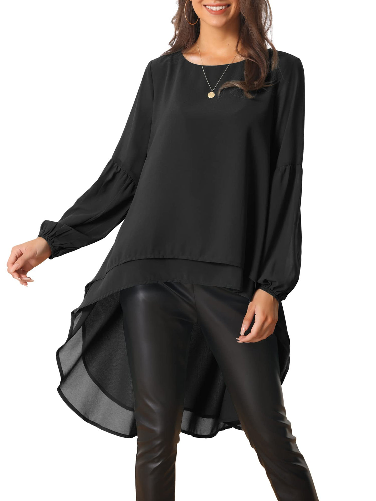 Seta T Women's High Low Tops Lantern Sleeve Dressy Casual Chiffon Blouse