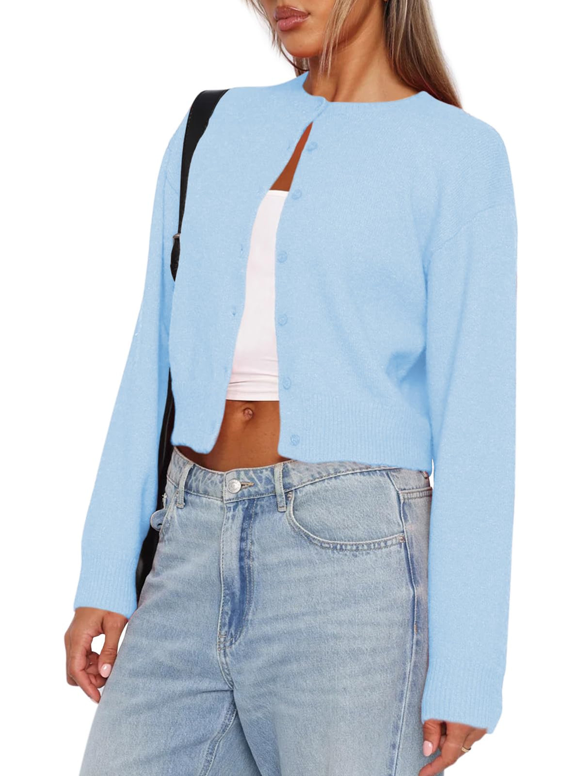 Balimtoy Womens Cropped Cardigan Long Sleeve Button Up Sweaters | Soft Knit Cardigan, Crew Neck, Button Down, Casual for Office Work, Teacher Outfit, Trendy Sweater for Fall, Spring 2026