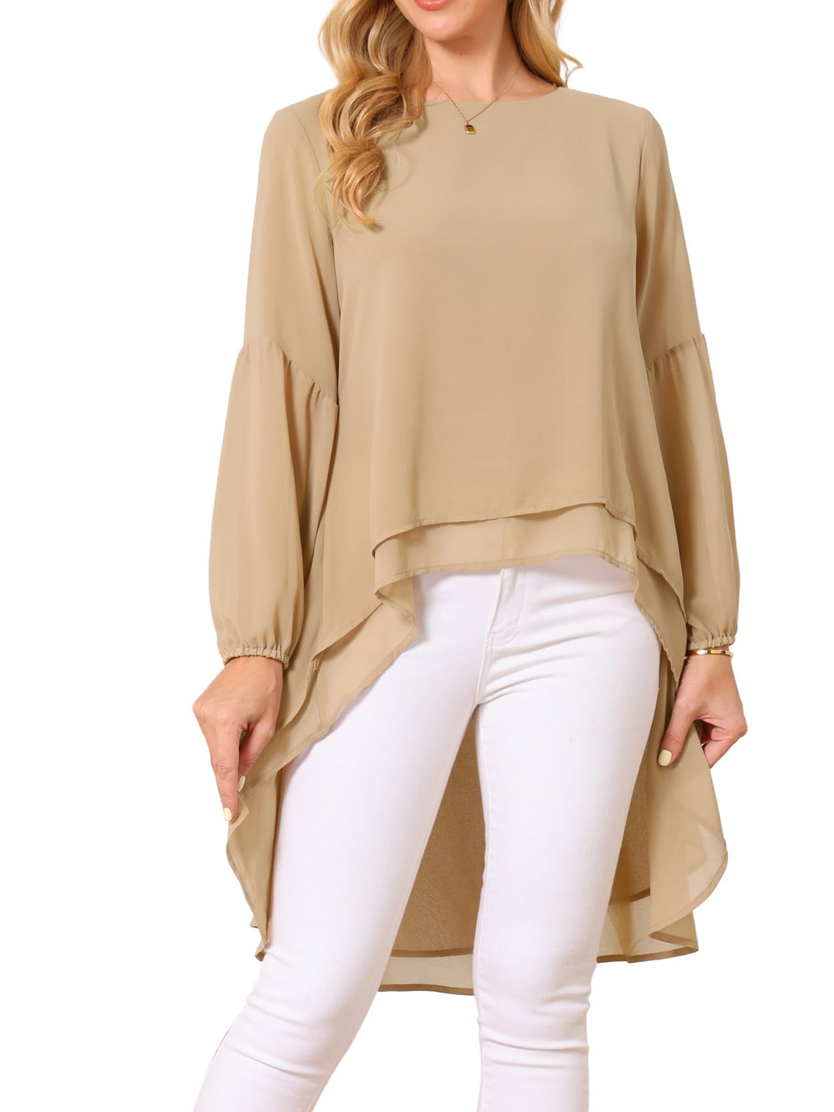 Seta T Women's High Low Tops Lantern Sleeve Dressy Casual Chiffon Blouse
