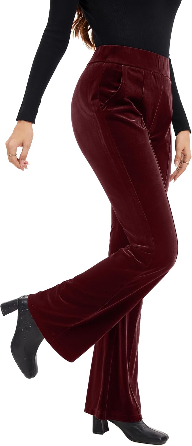FUNYYZO Velvet Pants Women Flare Pull On Elastic Waist Holiday Outfits
