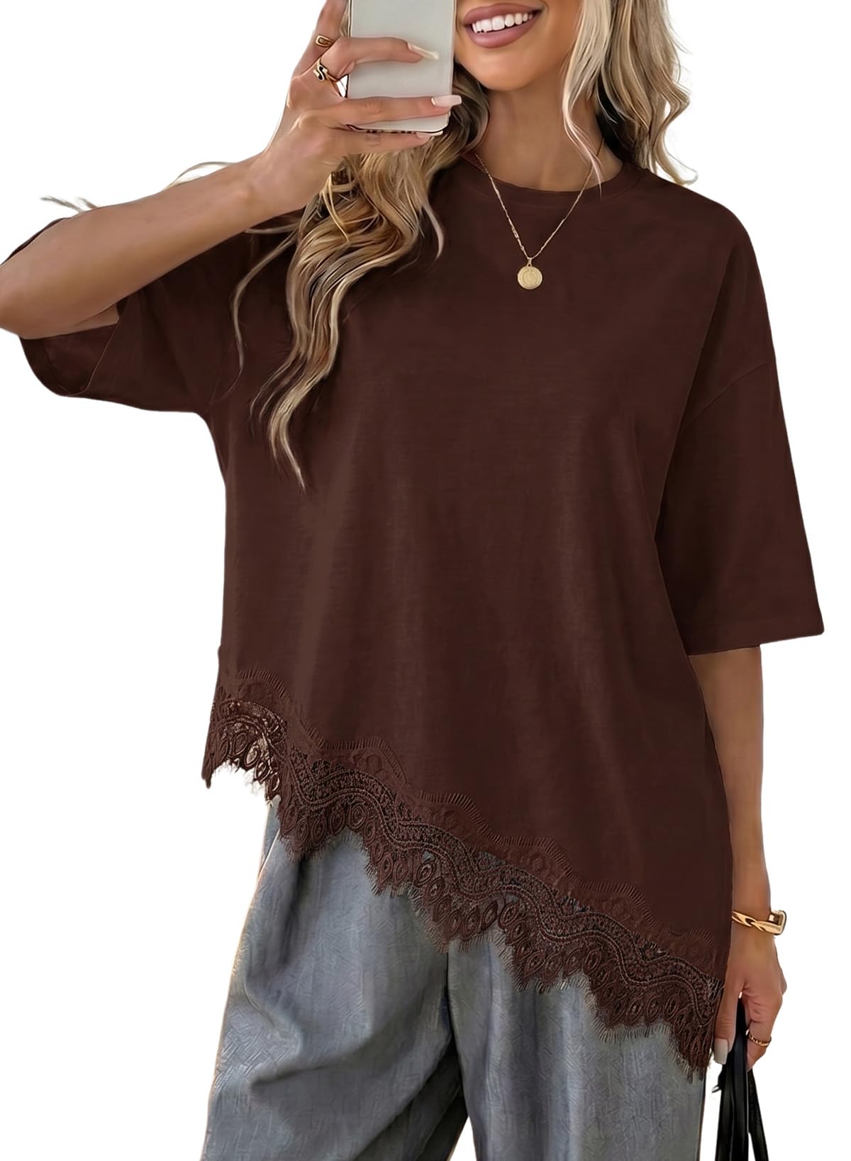 LOLONG Women Casual Crew Neck Half Sleeve Shirts Asymmetrical Lace Hem Tops