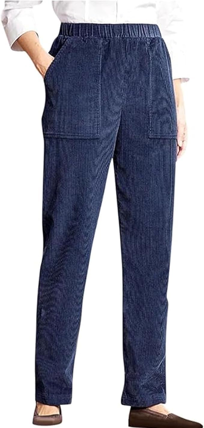 LOVESHOOT Corduroy Pants for Women Elastic High Waist Pull On Straight Leg Slacks Casual Fall Trousers with Pockets