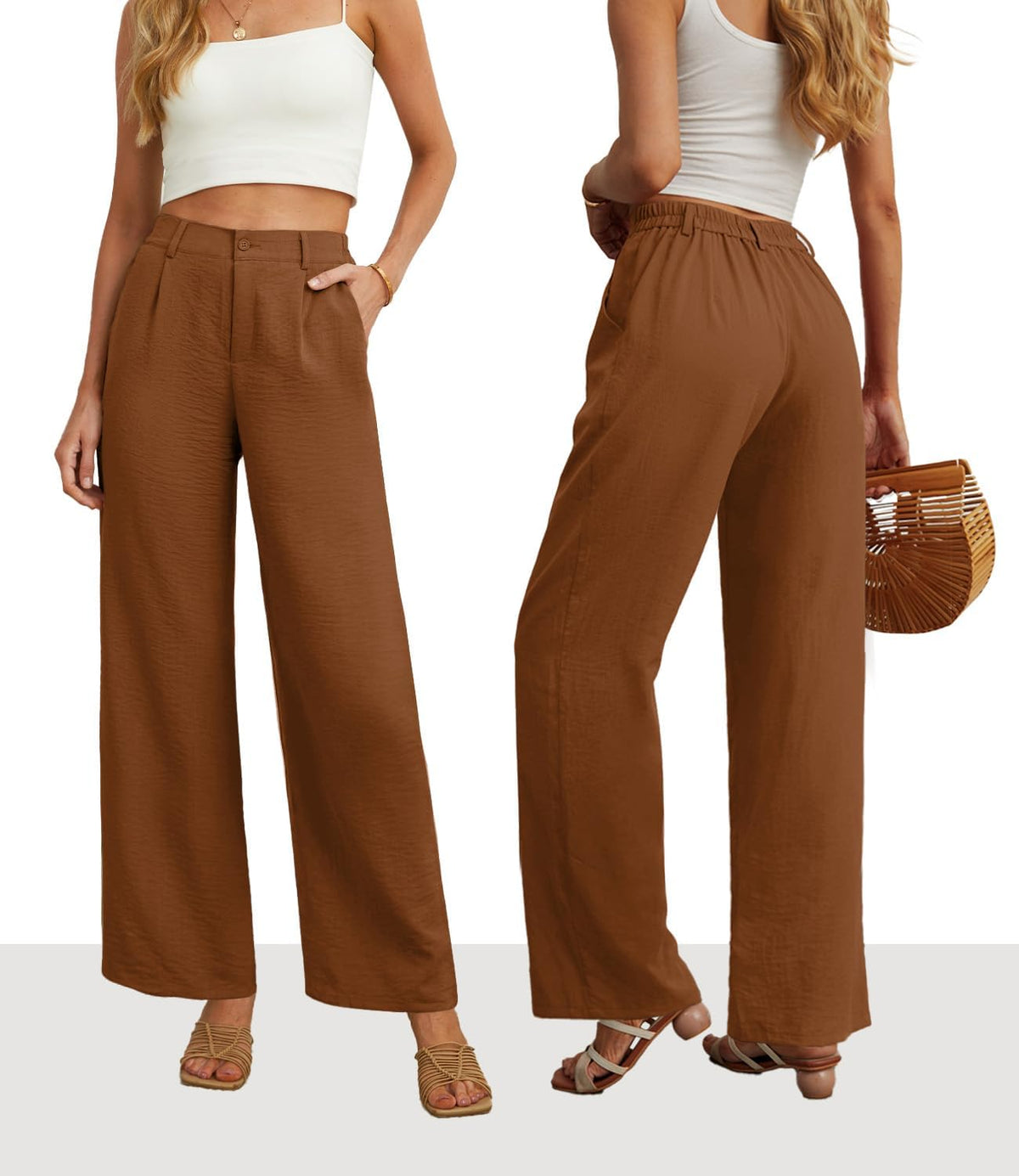 Feiersi Womens Casual Wide Leg Pants High Waisted Button Down Straight Long Trousers Palazzo Pants
