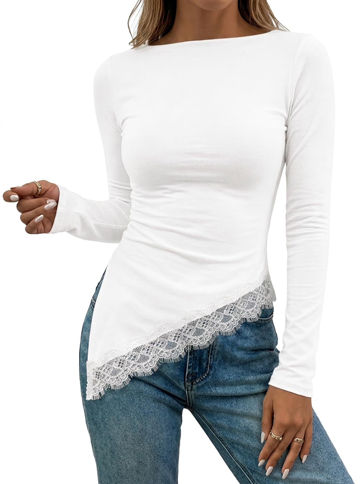 Flowyair Womens Boat Neck Long Sleeve Lace Tops Slim Fit Shirts