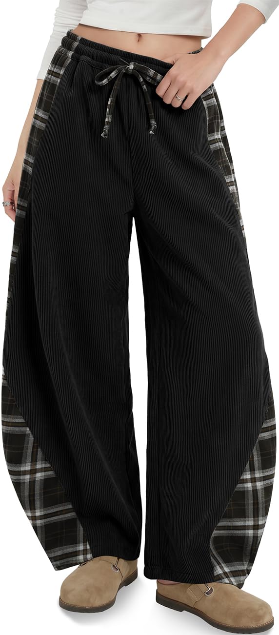 TARSE Womens Corduroy Barrel Pants with Pockets Y2K Plaid Patchwork Panels