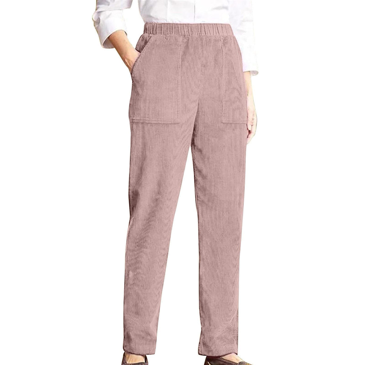 LOVESHOOT Corduroy Pants for Women Elastic High Waist Pull On Straight Leg Slacks Casual Fall Trousers with Pockets