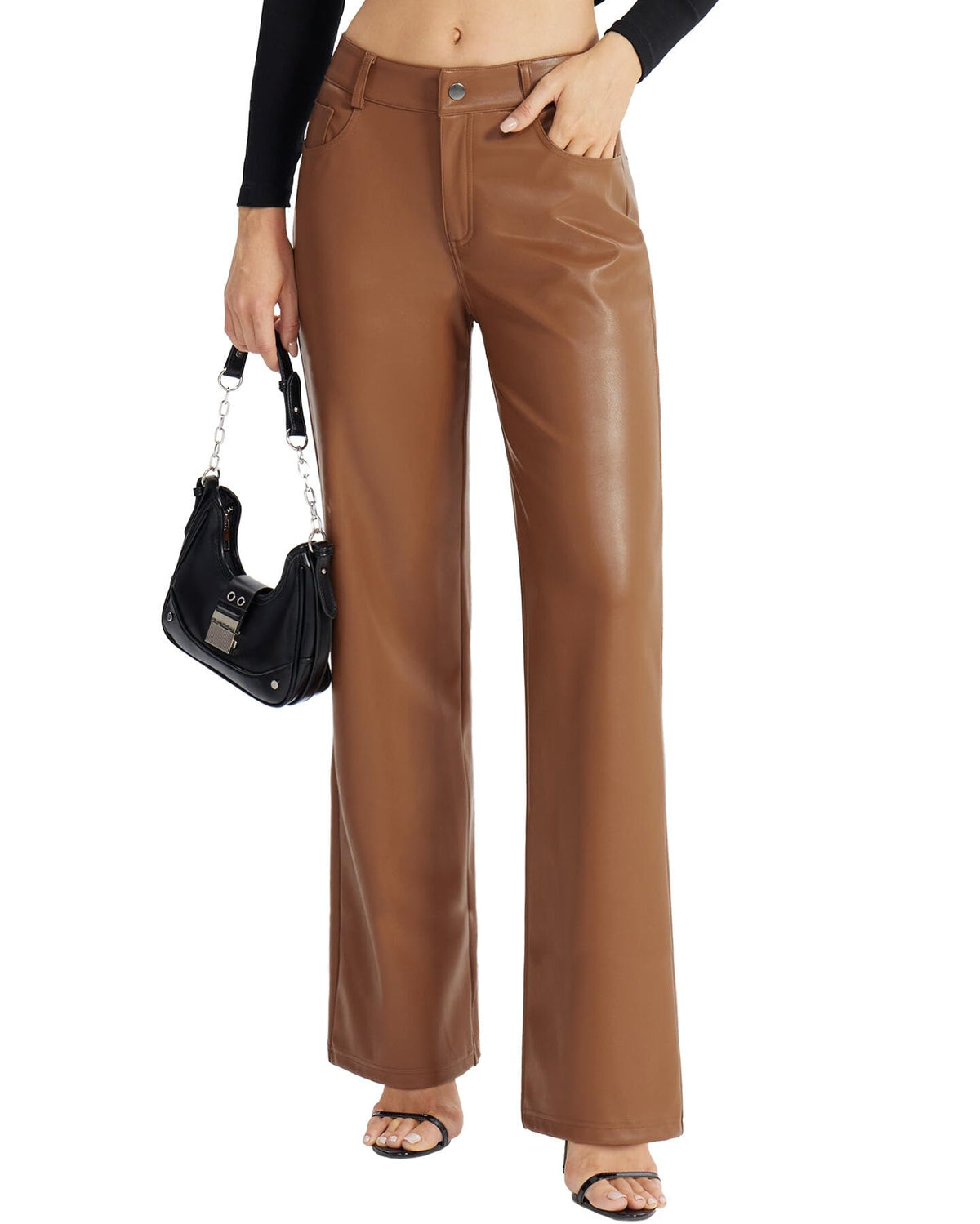 Womens Faux Leather Pants Button Straight Leg PU Jeans with Pockets