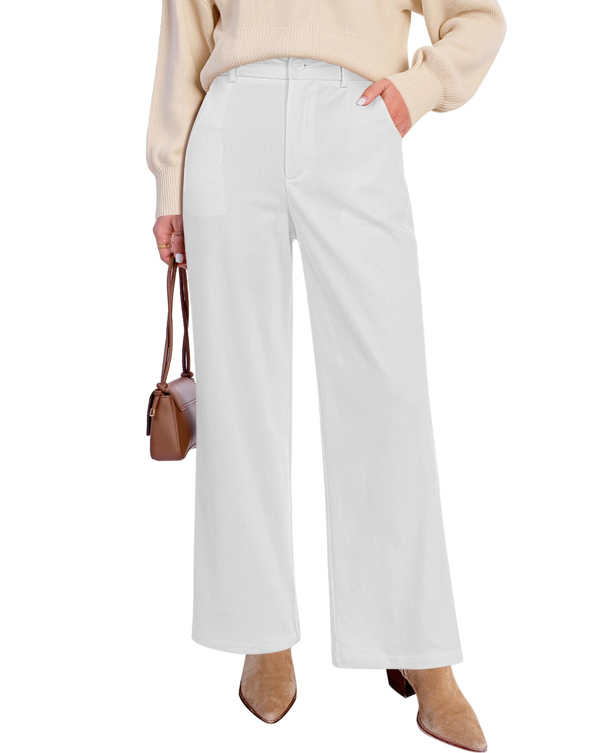 GRAPENT Corduroy Wide Leg Pants Woman High Waisted Fall Business Casual Elastic Waist Loose Trendy Trousers with Pockets