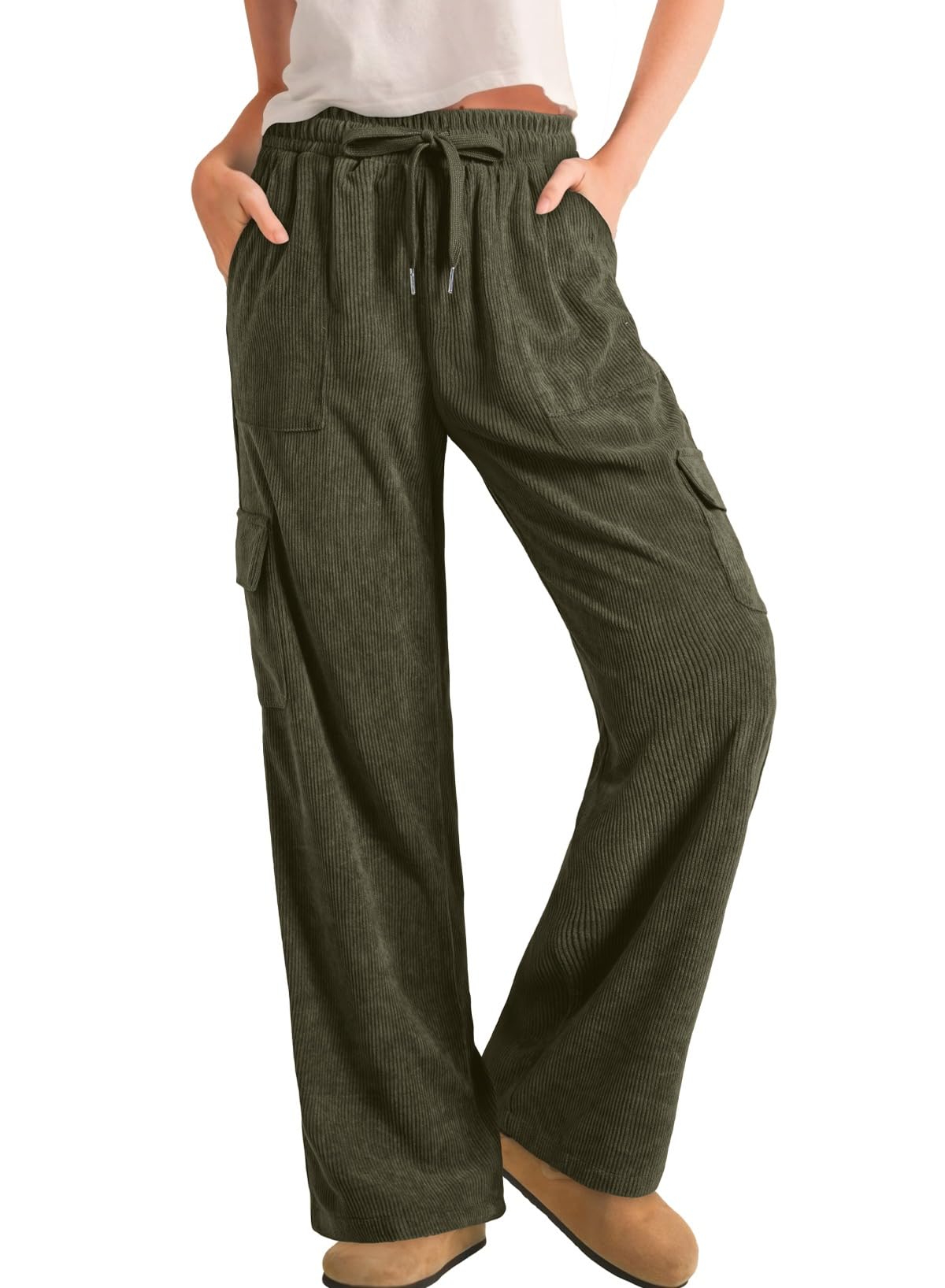 Sidefeel Womens Corduroy Pants Casual High Waisted Elastic Drawstring Cargo Loose Fit Wide Leg Pants with Pockets