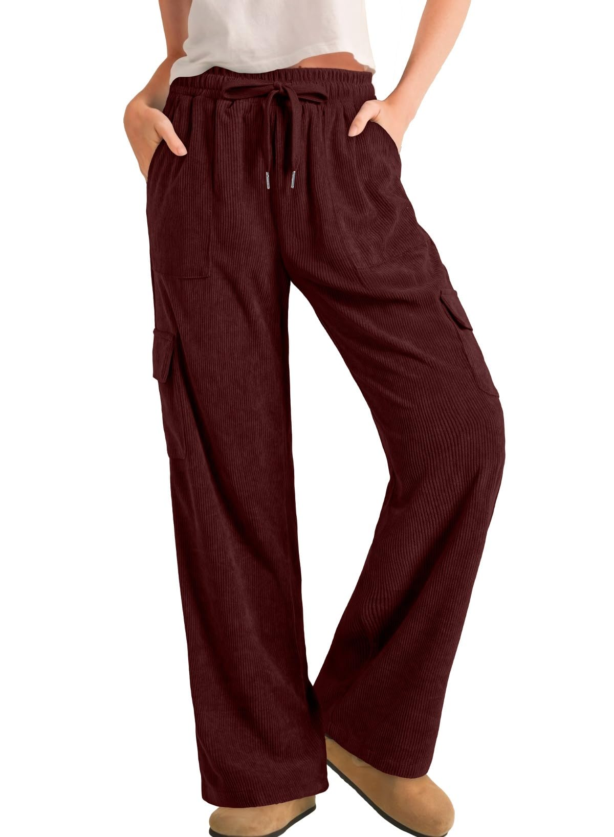 Sidefeel Womens Corduroy Pants Casual High Waisted Elastic Drawstring Cargo Loose Fit Wide Leg Pants with Pockets