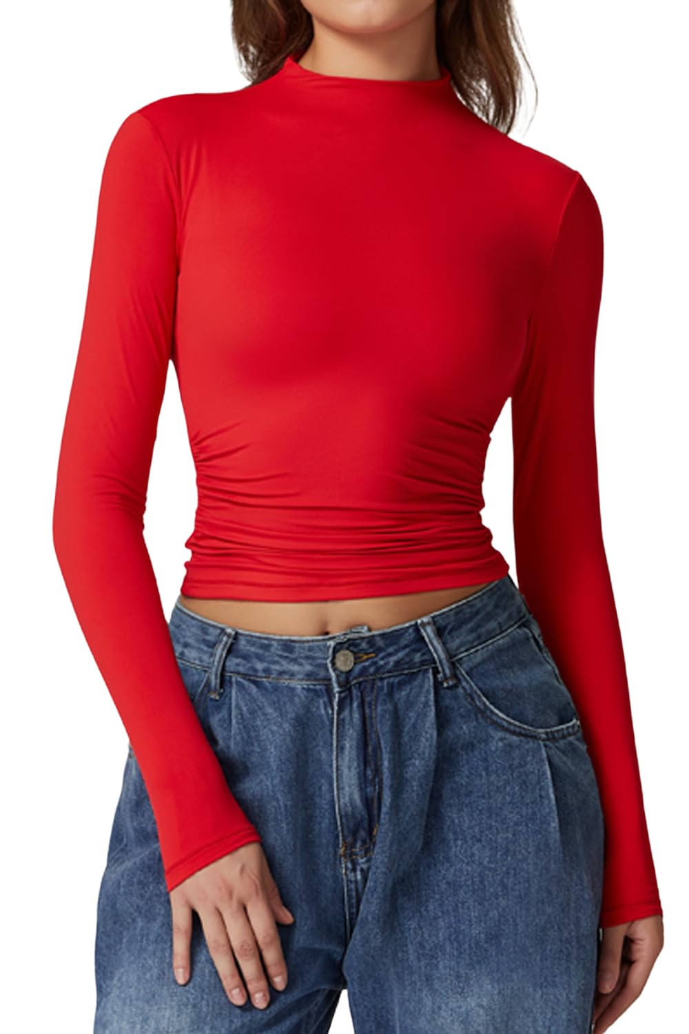 QINSEN Womens Mock Neck Long Sleeve Shirt Double Lined Basic Tees Side Ruched Going Out Crop Tops