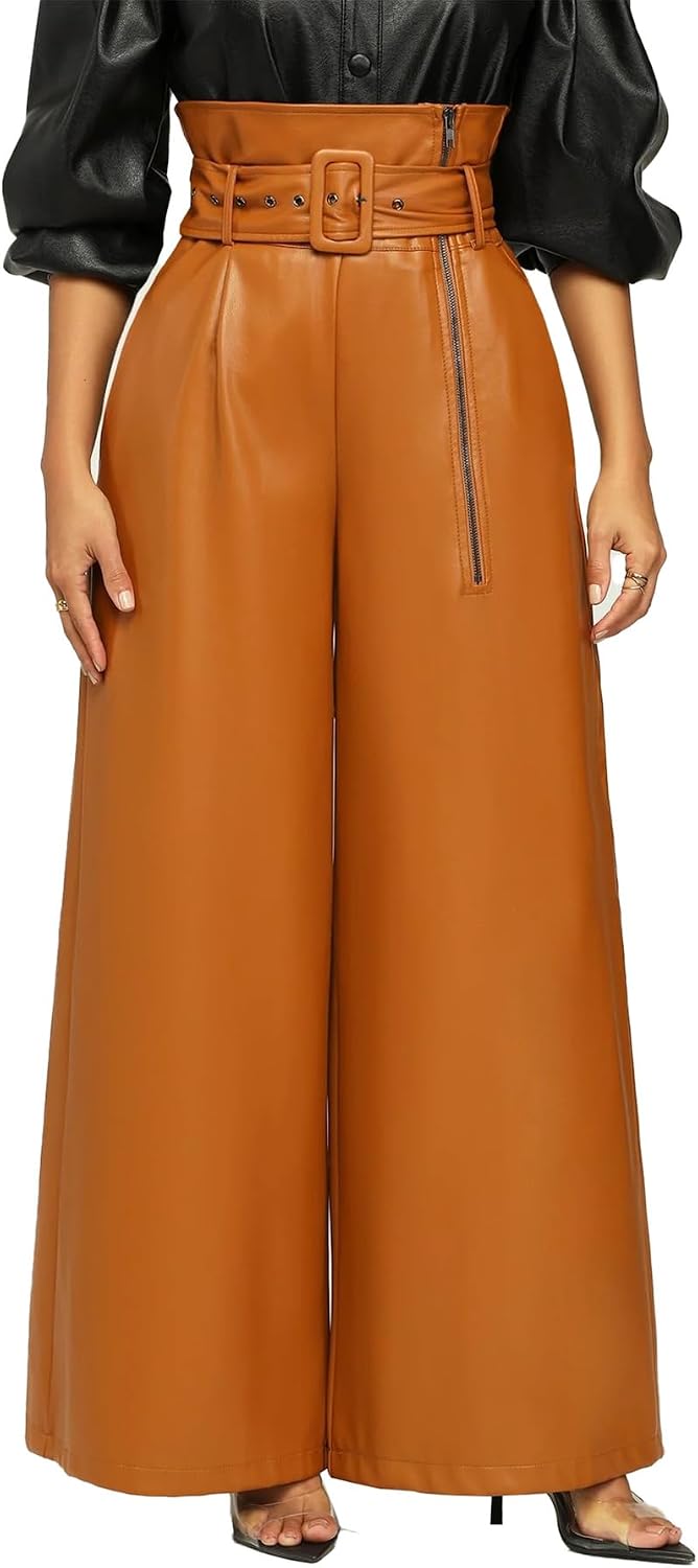 Tcremisa Leather Pants Women High Waisted Faux Leather Wide Leg Pant