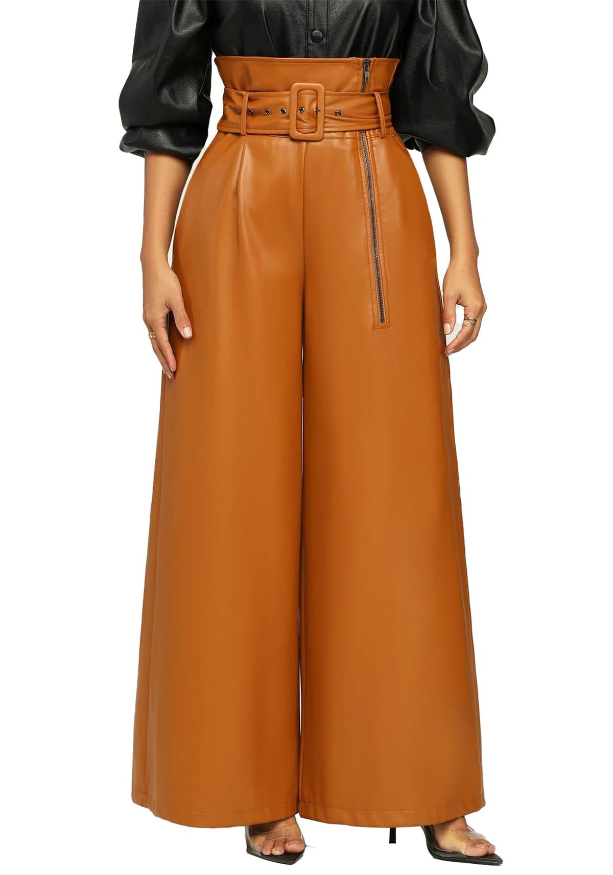 Tcremisa Leather Pants Women High Waisted Faux Leather Wide Leg Pant