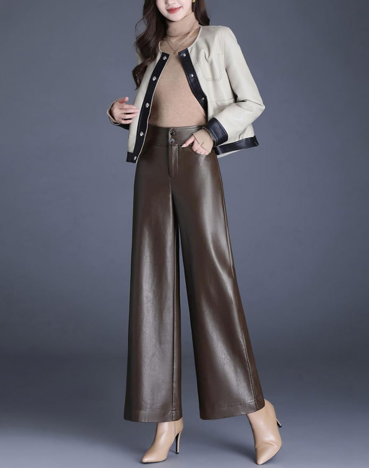 HaoMay Women's High Waist Wide Leg PU Faux Leather Cropped Pants Culottes