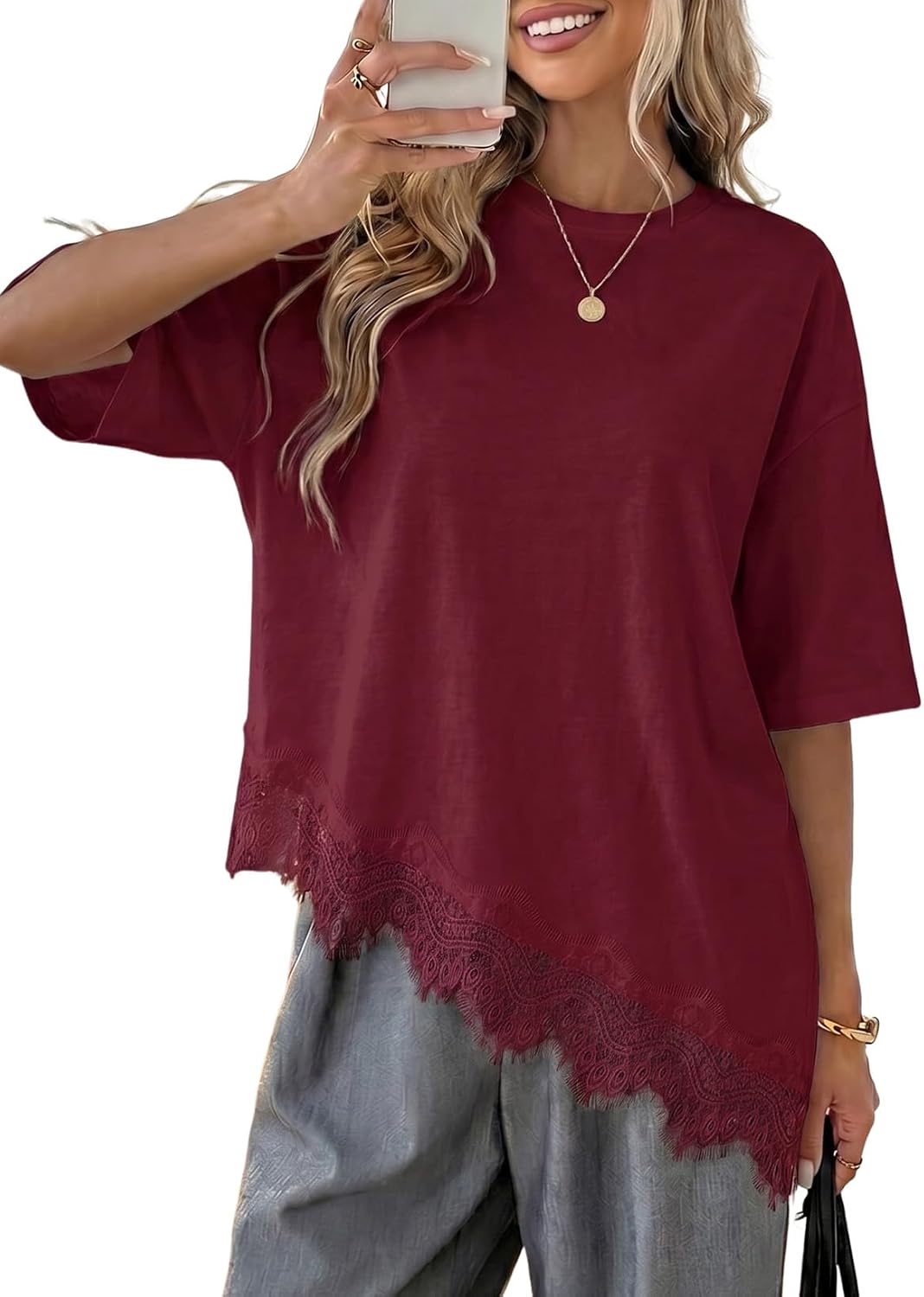 LOLONG Women Casual Crew Neck Half Sleeve Shirts Asymmetrical Lace Hem Tops