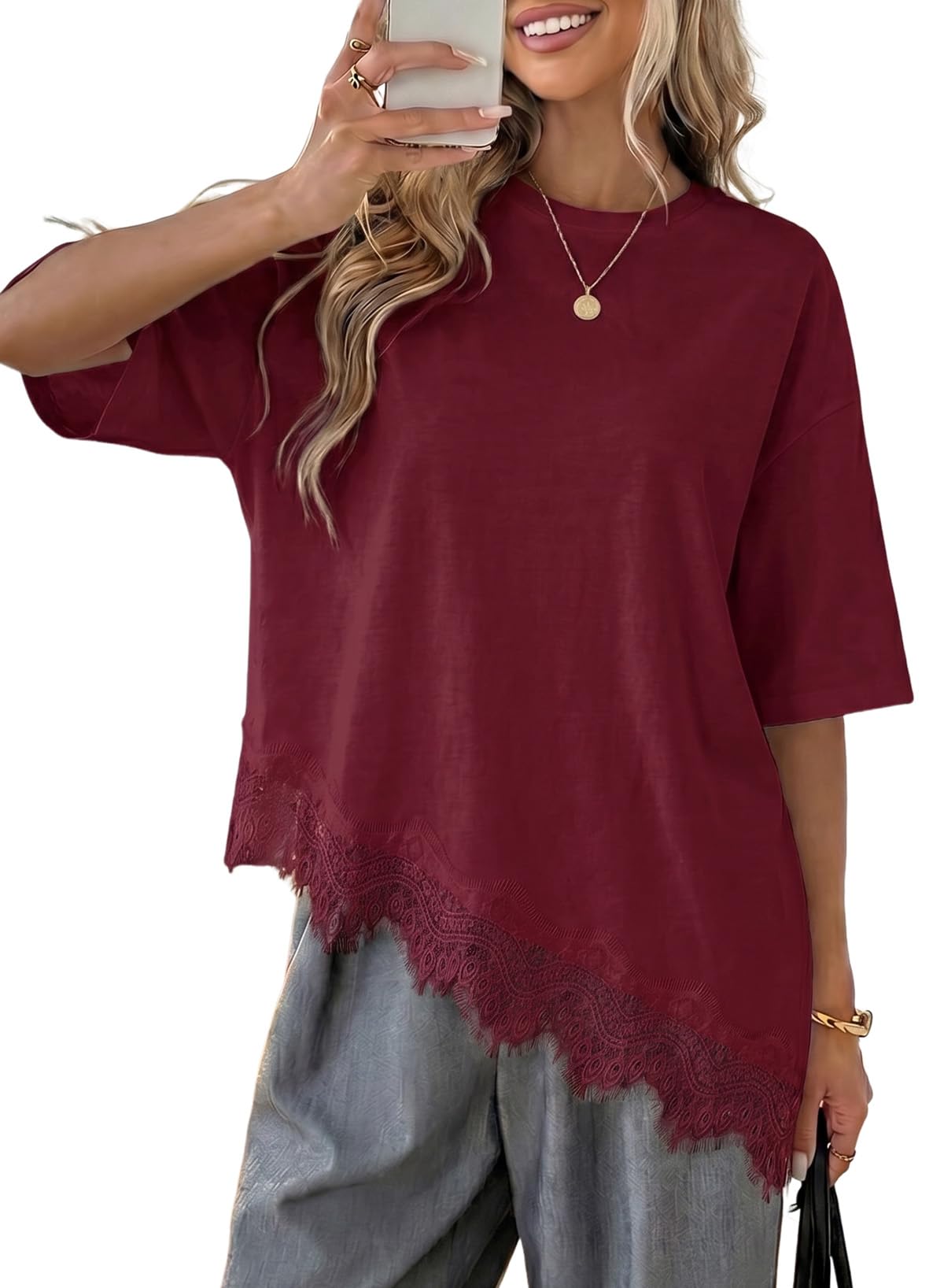 LOLONG Women Casual Crew Neck Half Sleeve Shirts Asymmetrical Lace Hem Tops