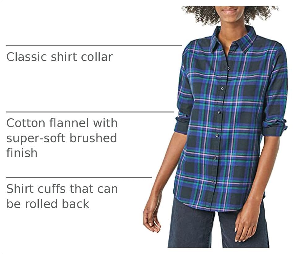 Amazon Essentials Women's Regular-Fit Long-Sleeve Lightweight Cotton Brushed Flannel Shirt