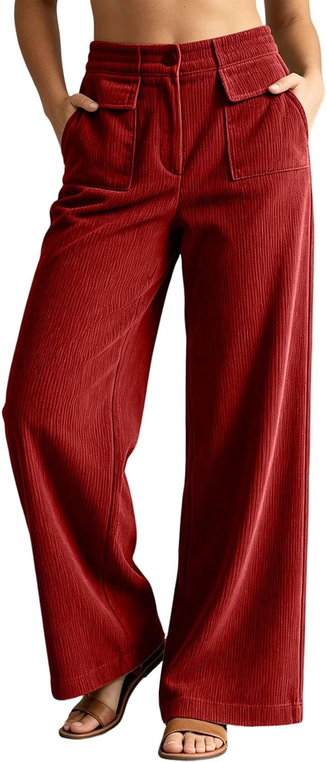 Wide Leg Corduroy Pants for Women Fall Lounge Button Pants Business Office Work Trousers with Double Pockets