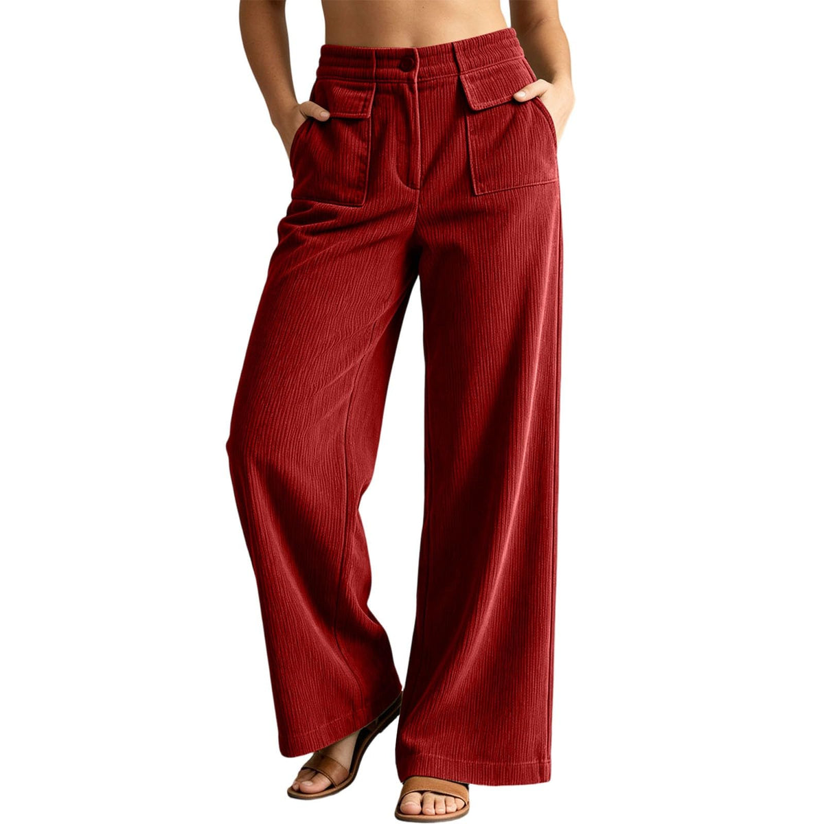Wide Leg Corduroy Pants for Women Fall Lounge Button Pants Business Office Work Trousers with Double Pockets