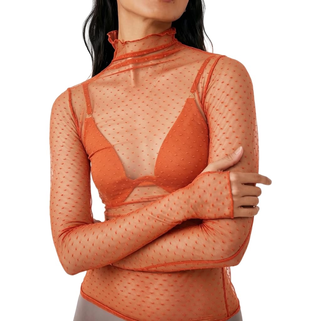 KMBANGI Women's Mesh Lace Long Sleeve Top Mock Neck Sheer Layering Tops