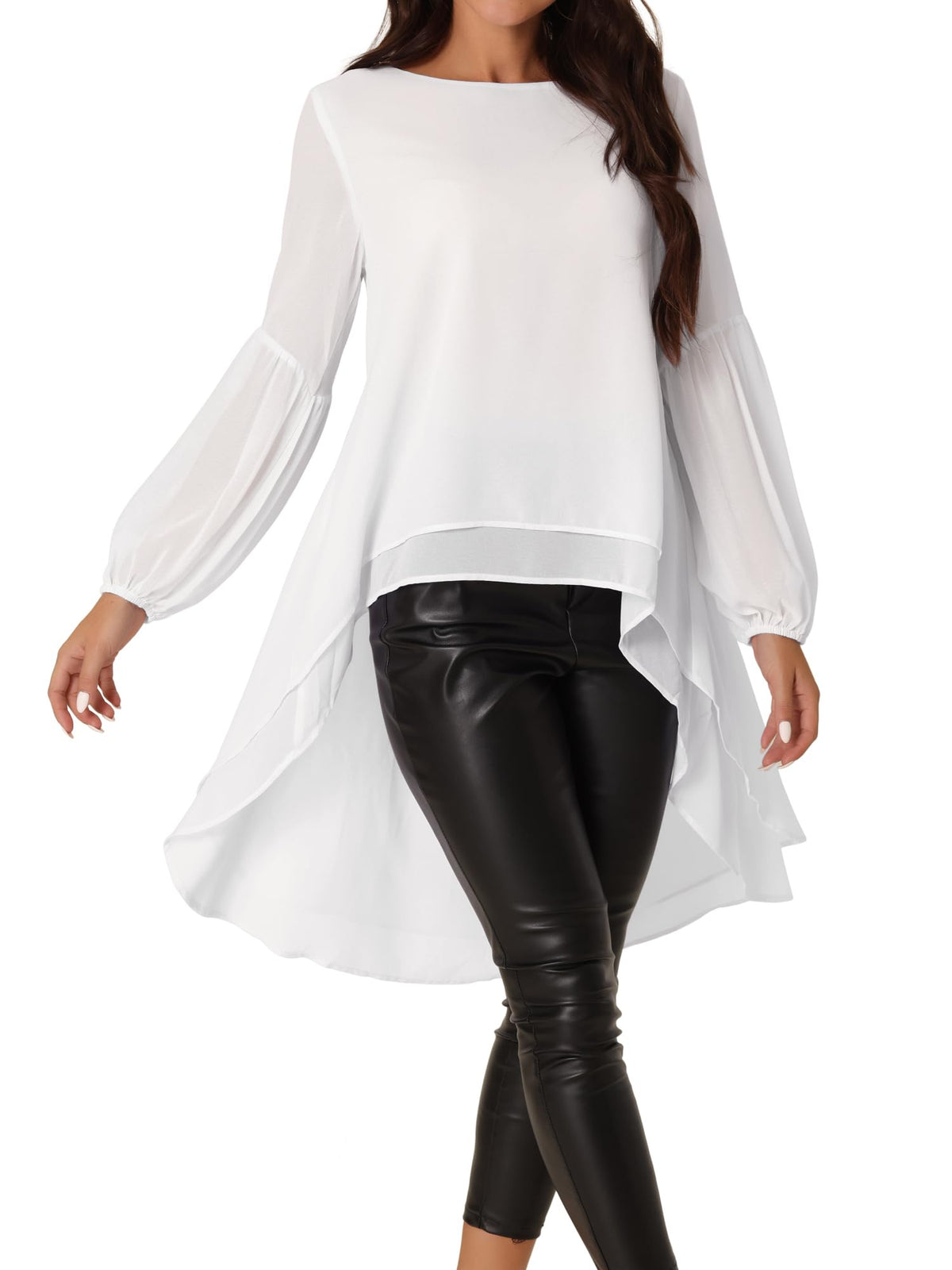 Seta T Women's High Low Tops Lantern Sleeve Dressy Casual Chiffon Blouse